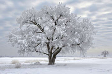 Fototapeta na wymiar An icy tree stands as a silent sentinel in a snow-covered realm