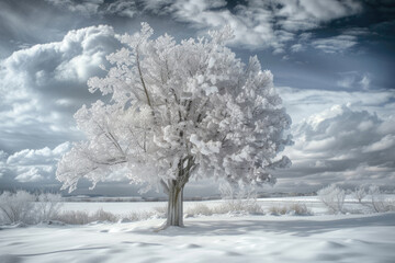 An icy tree stands as a silent sentinel in a snow-covered realm