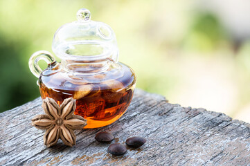 Bring the peel of Plukenetia volubilis or Sacha inchi dried to make a tea to drink for health on natural background.