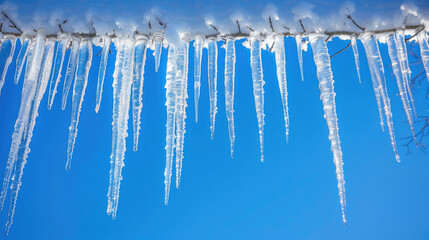 Icicles gleam like crystal daggers under a wintry blue sky