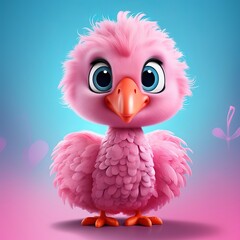 flat logo of Cute baby Flamingo with big eyes lovely little animal 3d rendering cartoon character 