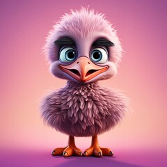 Fototapeta premium flat logo of Cute baby Ostrich with big eyes lovely little animal 3d rendering cartoon character 