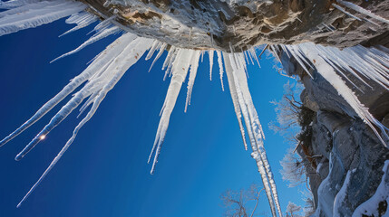 Icicles gleam like crystal daggers under a wintry blue sky
