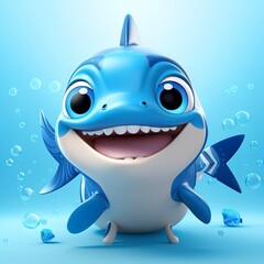 flat logo of Cute baby shark with big eyes lovely little animal 3d rendering cartoon character 