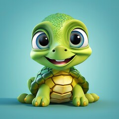 flat logo of Cute baby turtle with big eyes lovely little animal 3d rendering cartoon character 