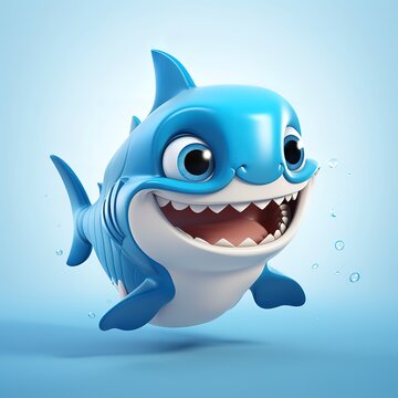flat logo of Cute baby shark with big eyes lovely little animal 3d rendering cartoon character