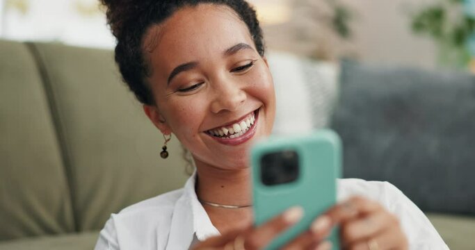 Phone, video call and happy woman in a house with web communication, hello or speaking. Smartphone, hi and female person with hand wave for online conversation, chat or virtual, talking or discussion