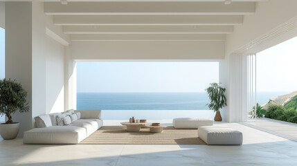 Fototapeta premium A breathtaking beachfront villa with modern architecture, featuring an infinity pool, palm trees, and panoramic ocean views.