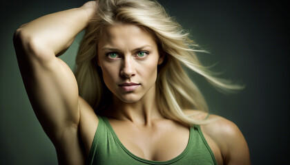 A Young, Blond, Green-Eyed Woman Showcasing Impressive Strength and Confidence