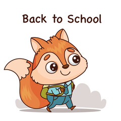A happy cartoon fox with a backpack walks to school, showcasing lively art, illustrated with a cute snout, whiskers, and tail. Vector