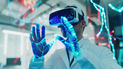  doctor in a lab coat uses virtual reality technology to interact with a 3D model of a brain, representing cutting-edge medical research.