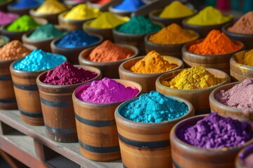 Fototapeta premium Festival of Colors: Assorted Colorful Gulal Powders in Various Containers for Celebrating Holi. Generative AI. 
