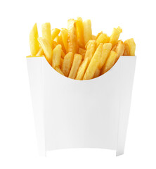 Fried potatoes in a white paper pack on white background