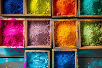 Festival of Colors: Assorted Colorful Gulal Powders in Various Containers for Celebrating Holi.  Generative AI.
