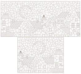 A set of contour illustrations in the style of stained glass with urban landscapes, dark contours on a white background