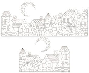 A set of contour illustrations in the style of stained glass with urban landscapes, dark contours on a white background
