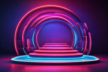 Obraz premium Stage podium with lighting, Stage Podium Scene with for Award Ceremony illuminated with neon light. Vector illustration