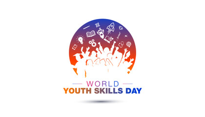 Vector illustration of Youth Skills Day, 15 July. World Youth Skills Day text with Young students and teachers celebrating success.