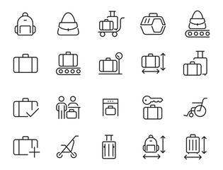Set of Baggage Related Vector Line Icons. 
Contains such Icons as Bag Size, Baby Carriage, Special None Format Baggage and more. Editable Stroke. - obrazy, fototapety, plakaty