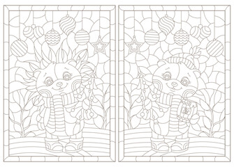 A set of contour illustrations in the style of a stained glass window with a hedgehog and a bear , dark contours on a white background