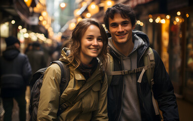 Fototapeta premium Foreign Backpackers Traveling Japanese Streets. Generative AI