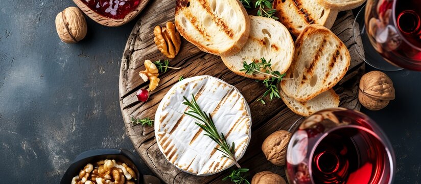 Grilled camembert or brie cheese with bread toasts, nuts, herbs, wine, rustic background.