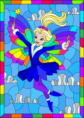 Obraz na płótnie Canvas An illustration in the style of a stained glass window with a fairy on a sky background