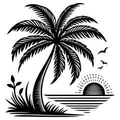 Fototapeta na wymiar Palm or coconut Tropical tree silhouette, hand drawing black line doodle sketch style vector illustration