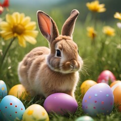 Little Bunny and easter eggs on meadow,Funny decoration,Happy Easter. 