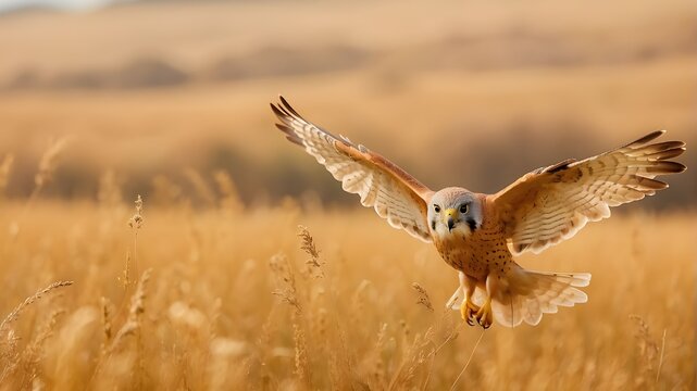 red tailed hawk in wheat field, Confident kestrel skillfully hunting above a golden meadow