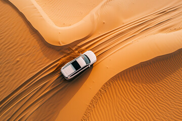 Aerial of White SUV driving through Desert