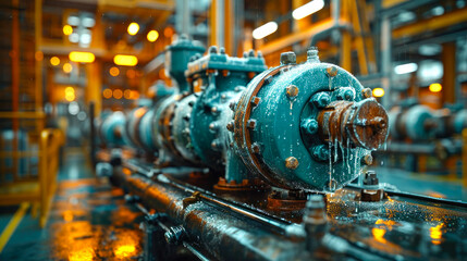 Fototapeta premium An industrial engine transparent modern high-tech centrifugal electric pump with asynchronous electric motor on a blue background with reflection