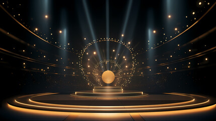 Luxurious and futuristic golden empty stage, golden particles background in stage shape