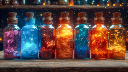 Colorful magic potion in bottles on a wooden shelf in a laboratory
