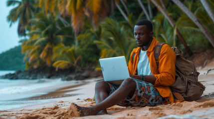 African freelancer using a laptop on a tropical beach, showing that remote work allows for working from the most beautiful places on Earth.