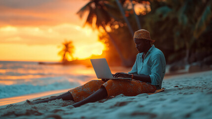 African freelancer using a laptop on a tropical beach, showing that remote work allows for working...