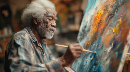 hospice patient of diverse background engaging in art therapy, expressing emotions and experiences through painting, facilitated by a therapist.