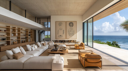 Coastal Serenity: Architecture Photography of Modern Sitting Room with Ocean View and Light Wood Floors