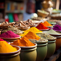 A colorful array of spices in a market stall. 