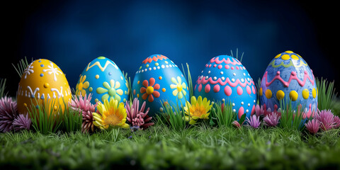 Row of decorated Easter Eggs on blue background with copy space