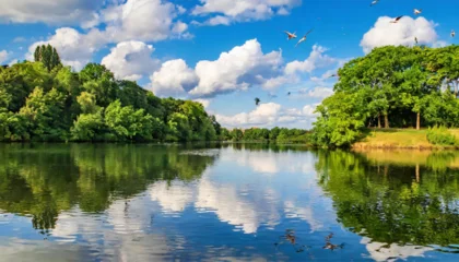 Papier Peint photo Destinations calm river reflecting green trees and shrubs around the peripheral, with birds flying across, nice clear blue sky with fluffy clouds