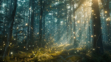 Obraz premium Enchanted Forest Illuminated by Fairy Lights