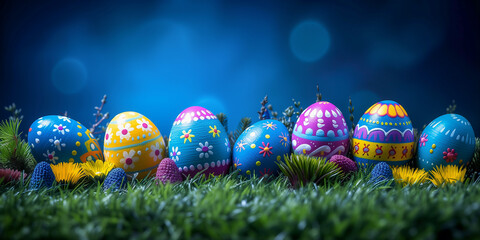 Fototapeta na wymiar Row of decorated Easter Eggs on blue background with copy space