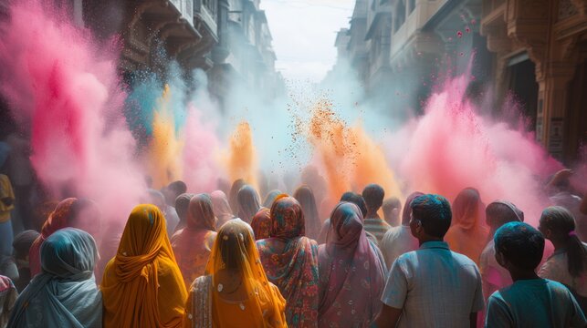 A Vibrant Group Dance Amidst Holi Fests Colored Powder