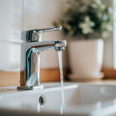 Modern chrome faucet with flowing water in a clean bathroom - Close-up on water efficiency and elegant interior design