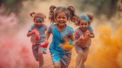 Exuberant Children Revel in the Vivid Hues of a Holi Festival Celebration at Dusk - obrazy, fototapety, plakaty