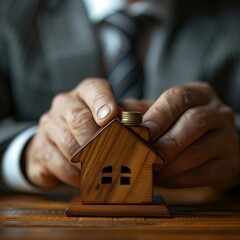 A person with a suit holding a small wooden house in their hand, with their fingers delicately gripping the edges. A concept of saving money for building or buying a house. Being productiver at home