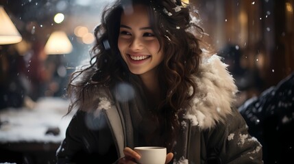 A candid moment captured as a Chinese model laughs while holding a cup of steaming hot tea, with snowflakes adorning her winter coat - obrazy, fototapety, plakaty