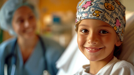 A brave young child smiling while receiving chemotherapy treatment, with a pediatric oncology nurse by their side, offering encouragement and care.