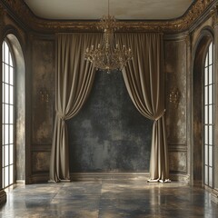 a chandelier hanging from the ceiling of an elegant room its intricate design and sparkling crystals glamour. decoration neutral color palette, grey walls, curtains, and a wooden floor. Copy space